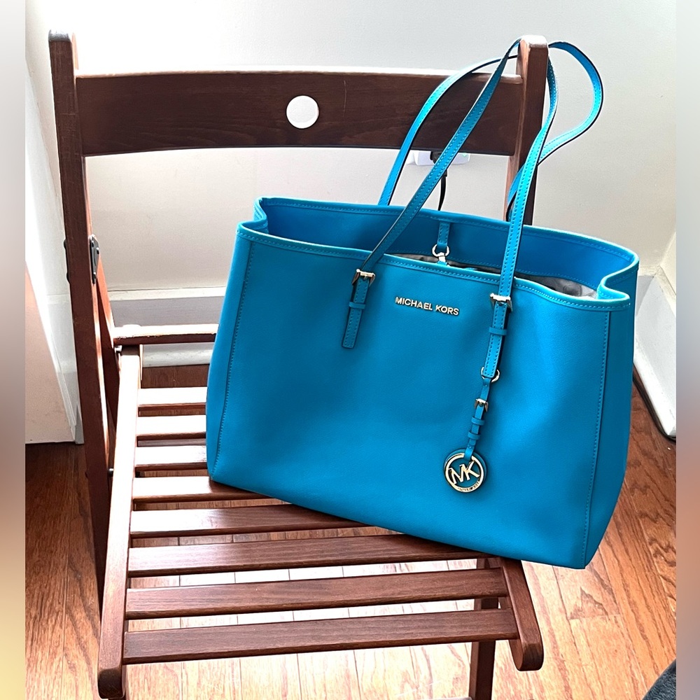 Michael Kors Blue Saffiano Leather Tote with Gold Hardware (with dust bag)